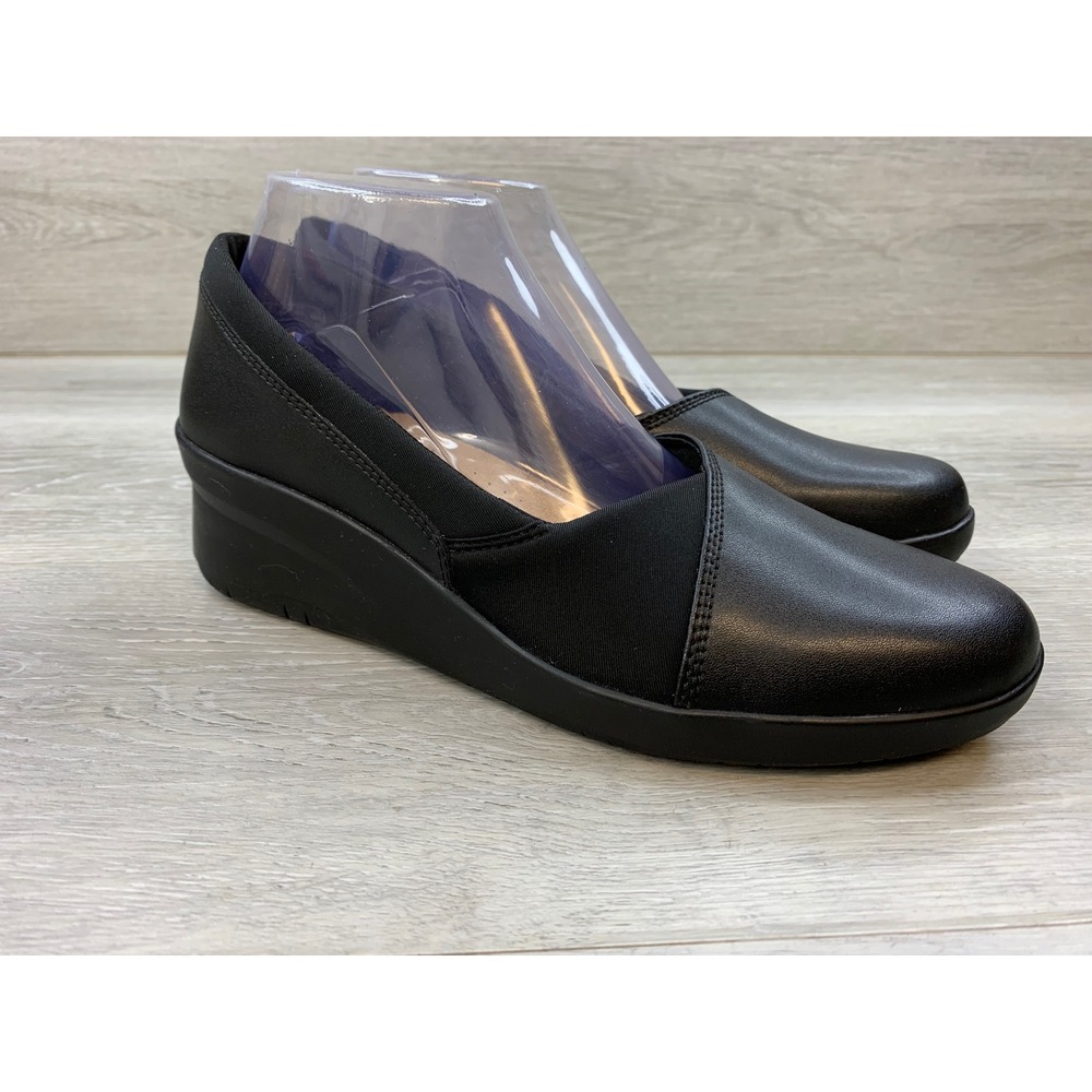 Clarks Collection Suttyn Walk Black Leather Wedge Women's 9.5 Comfort Shoes
